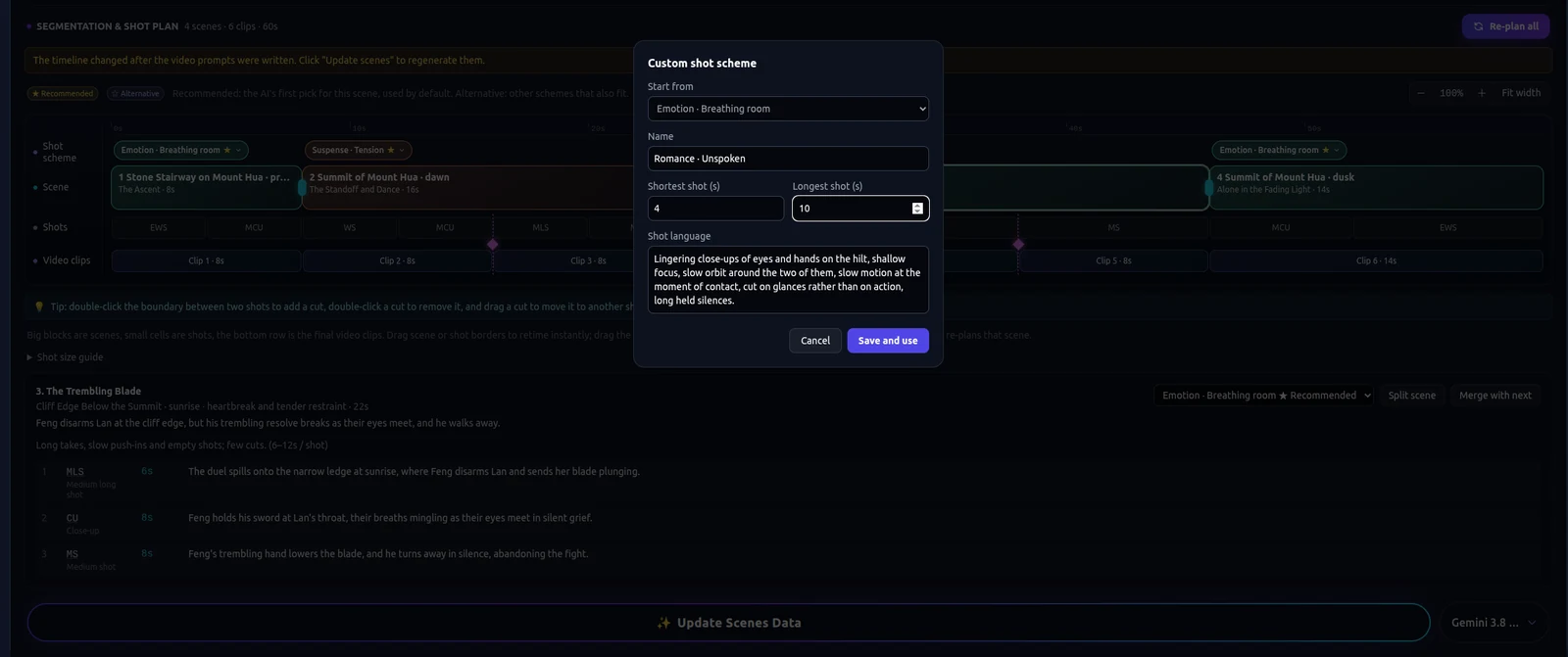 Custom shot scheme settings